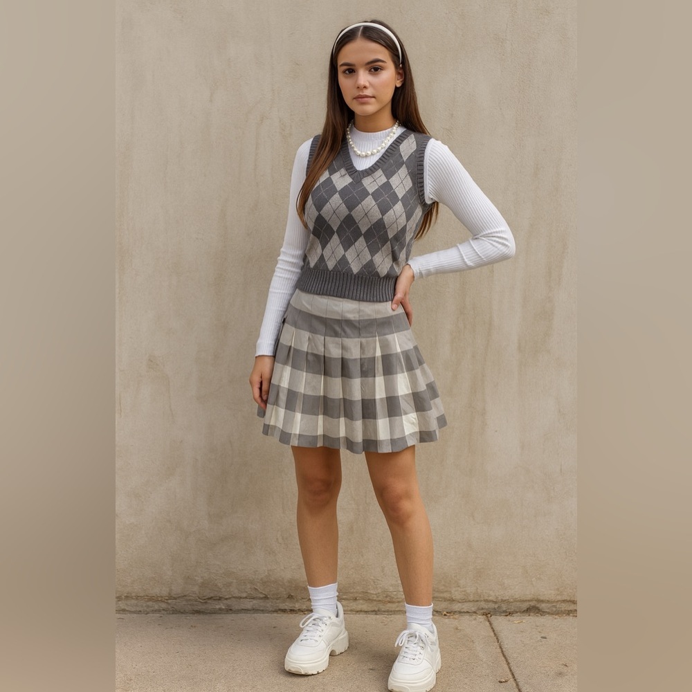 NWT Liz Claiborne Gray Checkered Pleated Mini Skirt Size 14 | Preppy Y2K A-Line - Picture 1 of 7